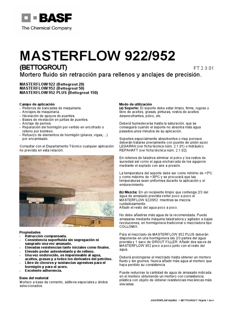 Masterflow 922 952 952 Plus | PDF | Hormigón | Agua