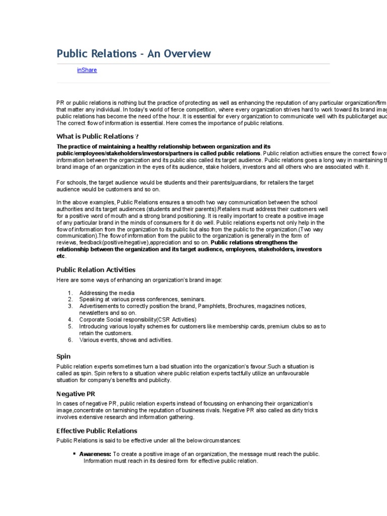 Public Relations - An Overview | PDF | Business