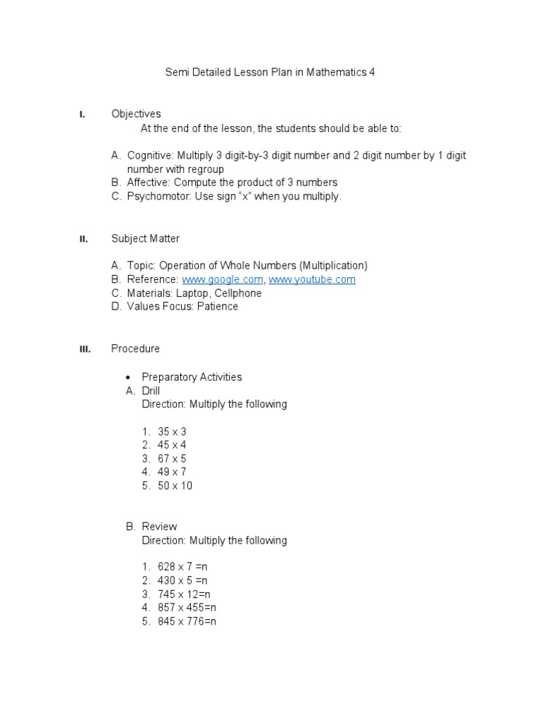 Grade 4 Multiplication Lesson Plan | PDF | Multiplication | Lesson Plan