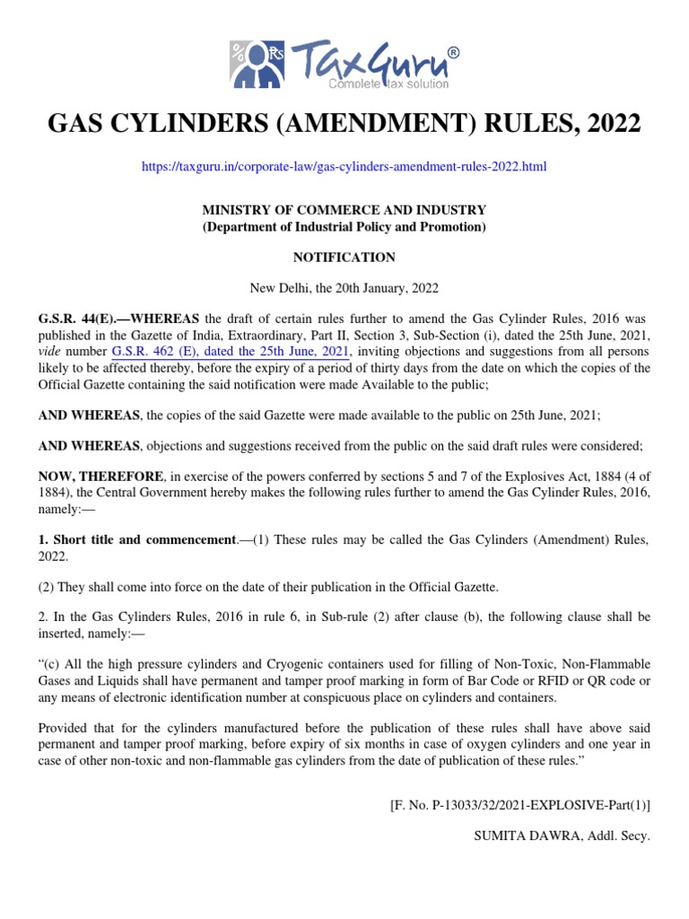 Gas Cylinders (Amendment) Rules, 2022 Taxguru in PDF Gases
