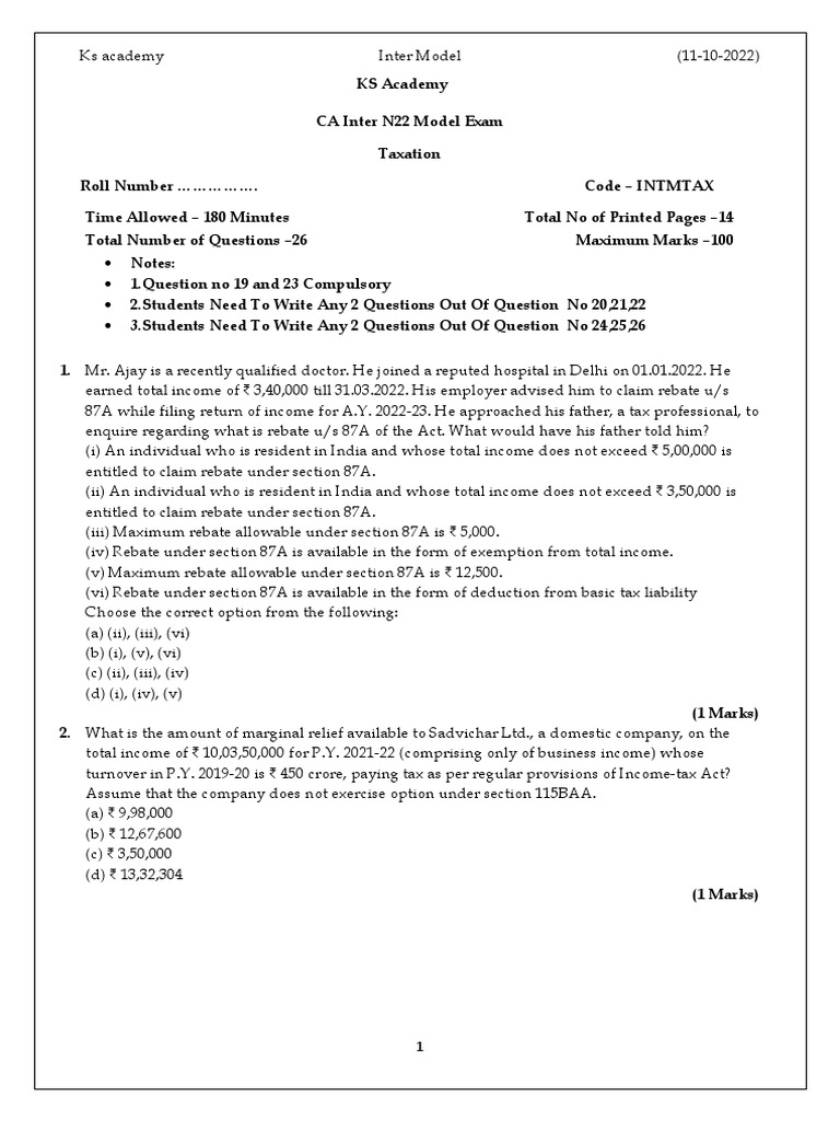 CA Inter Taxation Model Exam Paper | PDF | Value Added Tax | Taxes