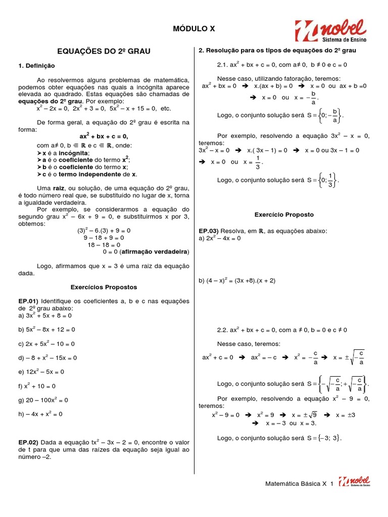 Microsoft word exercicio matemática com gabarito equações do 2º grau