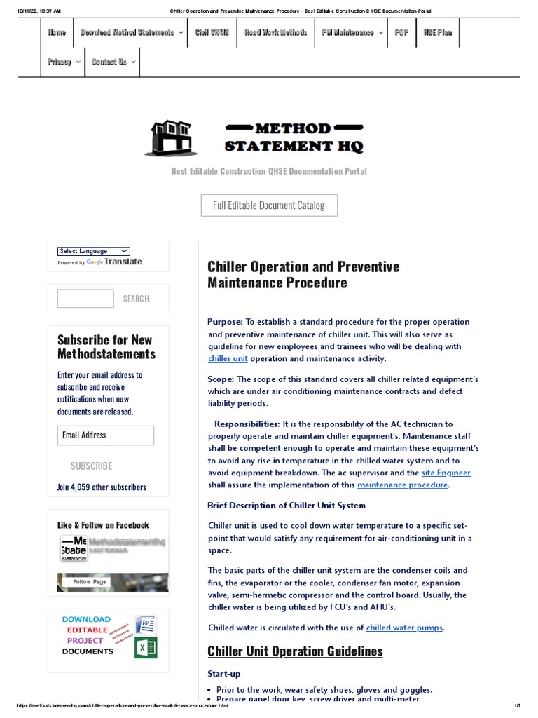 Chiller Operation And Preventive Maintenance Procedure Best Editable