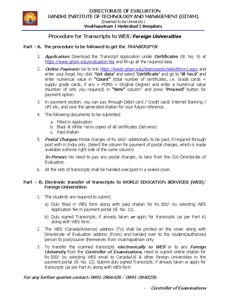 GITAM WES Transcript Application Guide | PDF | Payments | Mail