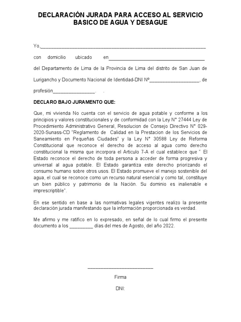 Declaración Jurada de Agua Potable | PDF | Ciencias sociales | Derecho