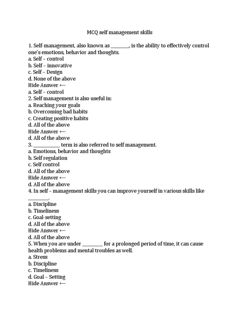 MCQs on Self Management Skills | PDF | Stress (Biology) | Motivational