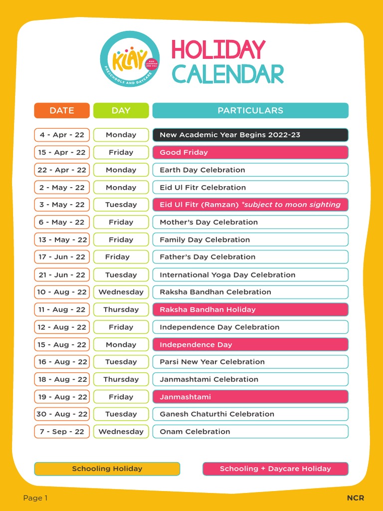 Holiday Calendar NCR (In Centre) PDF Public Holiday Observances