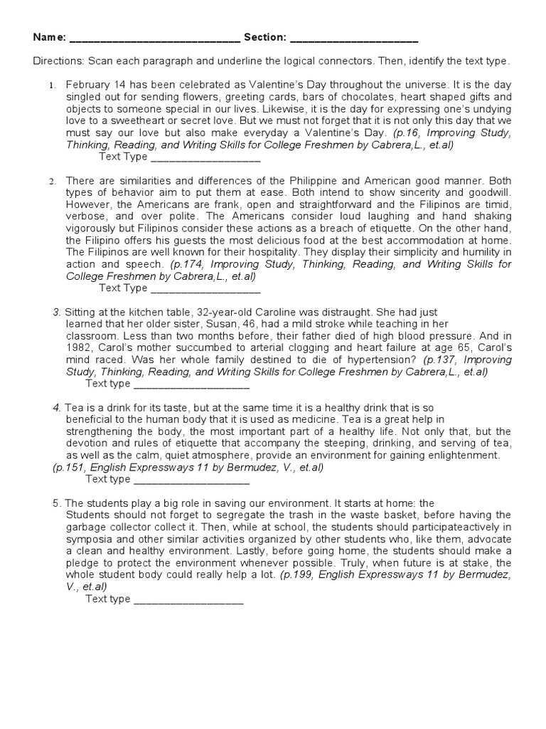 Logical connectors and text types activity sheets pdf
