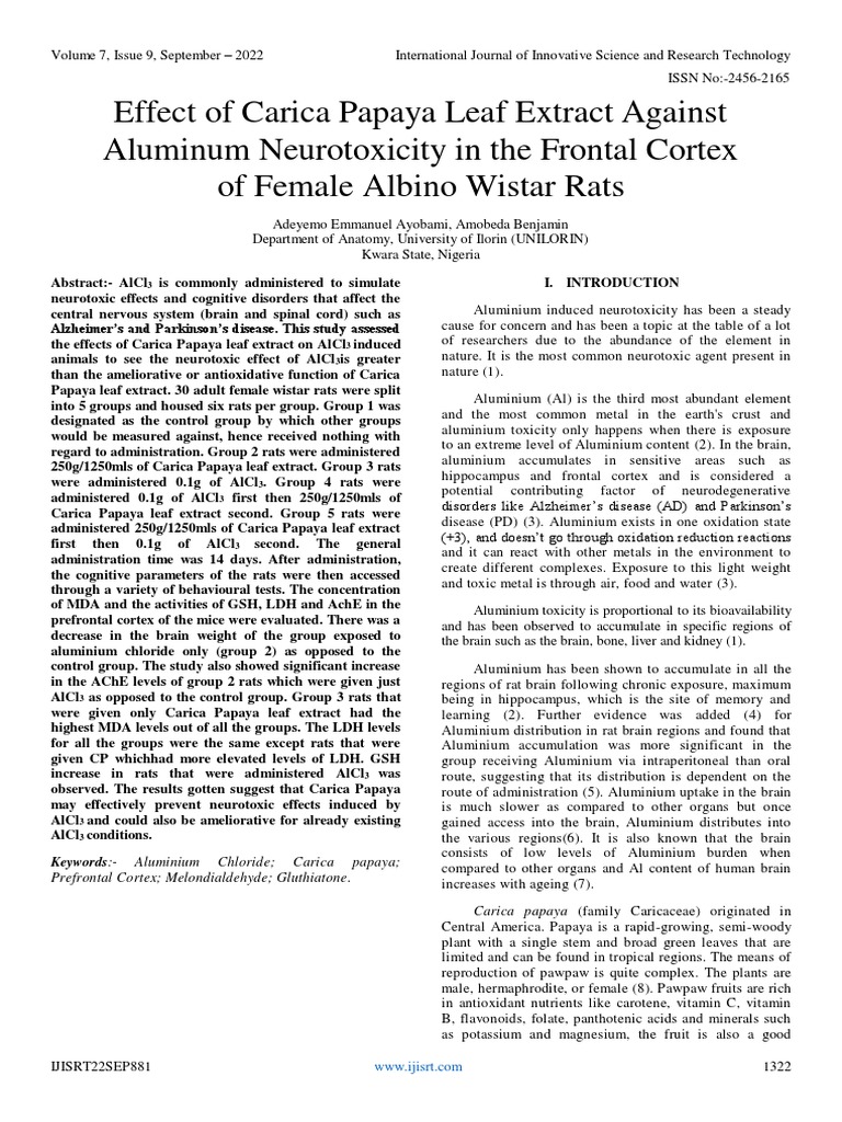 Effect of Carica Papaya Leaf Extract Against Aluminum Neurotoxicity in The Frontal Cortex of