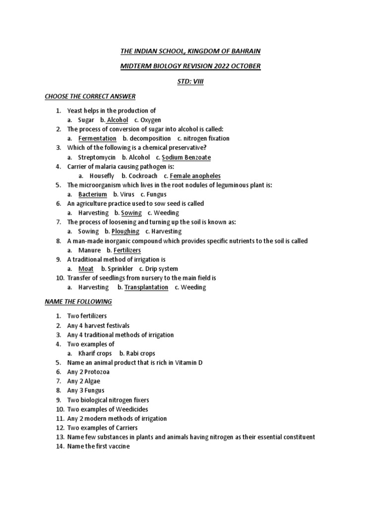 MIDTERM BIOLOGY REVISION Class 8 PDF Fertilizer Agriculture