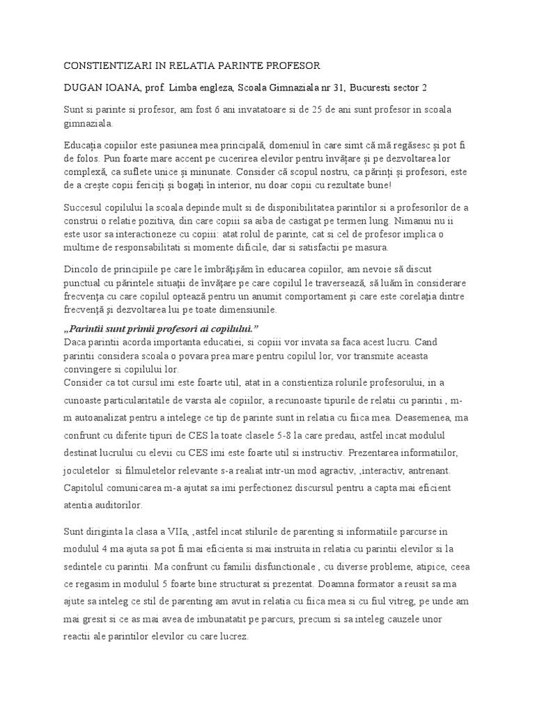 Constientizari in Relatia Parinte Profesor | PDF