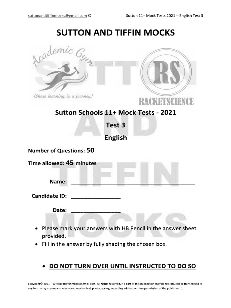 Sutton and Tiffin Mocks - SET 2021 - Test 3 - English | PDF