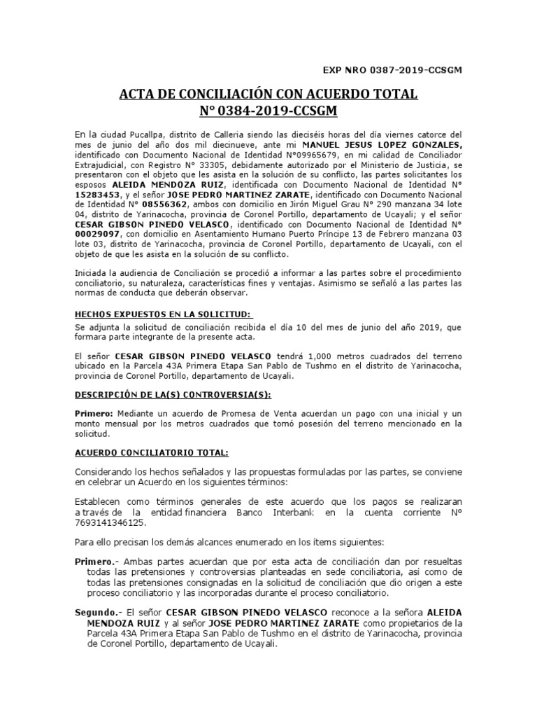 ACTA DE CONCILIACIÓN CON ACUERDO TOTAL Odsd | PDF | Justicia | Crimen y ...