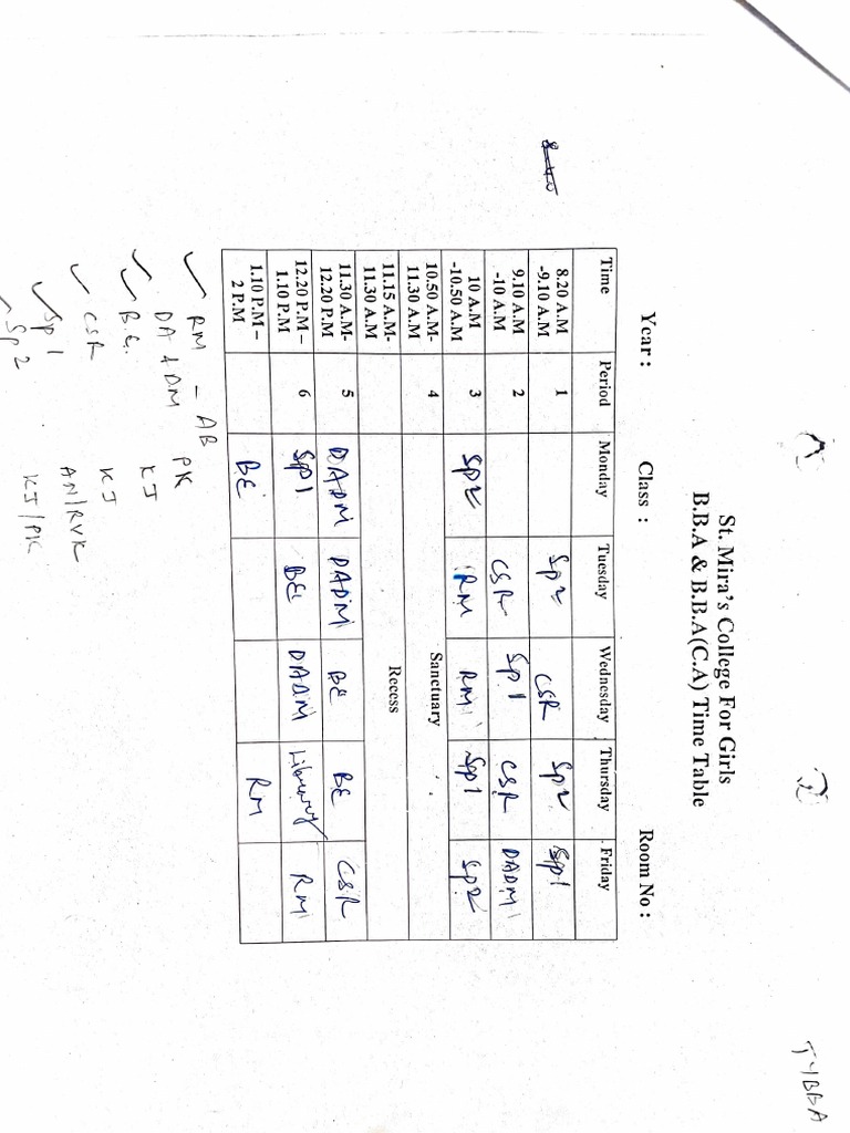 Timetable for BBA and BCA Classes at St. Mira's College For Girls ...