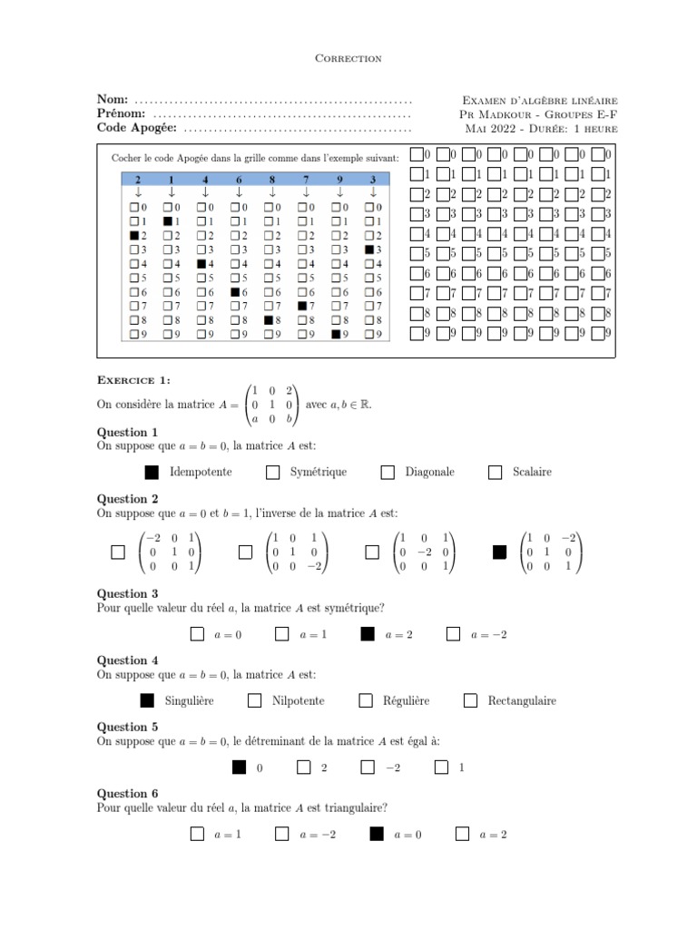Correction Examen Algèbre Linéaire | PDF | Matrice (Mathématiques ...