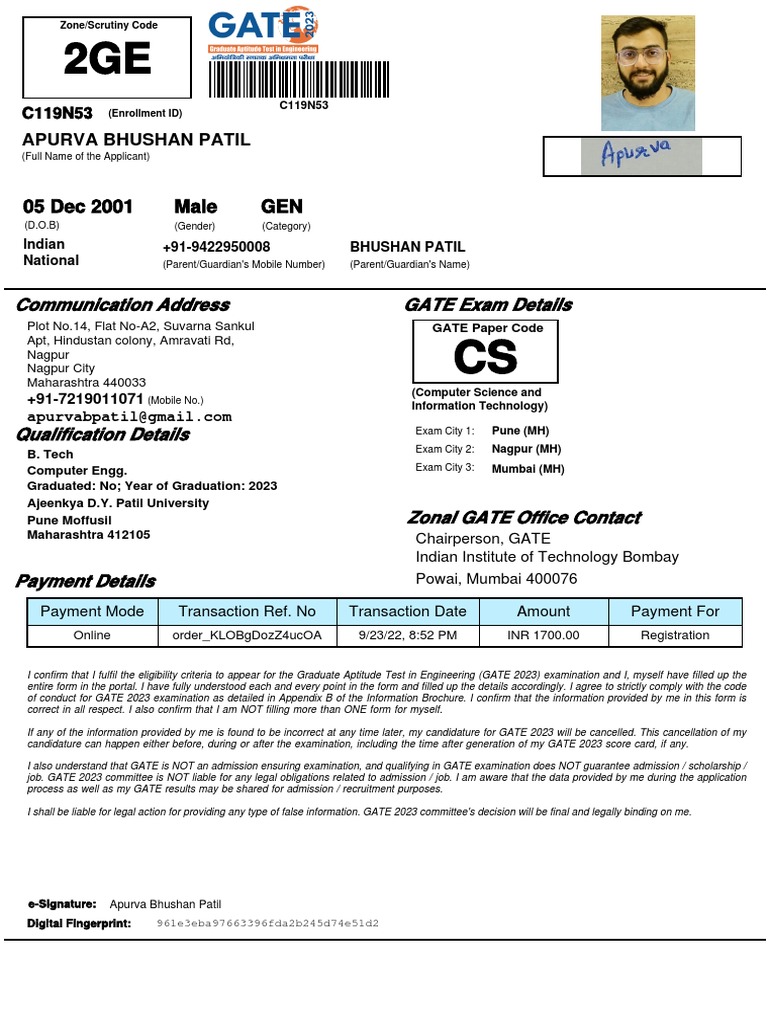 GATE 2023 Registration Details for Apurva Patil | PDF