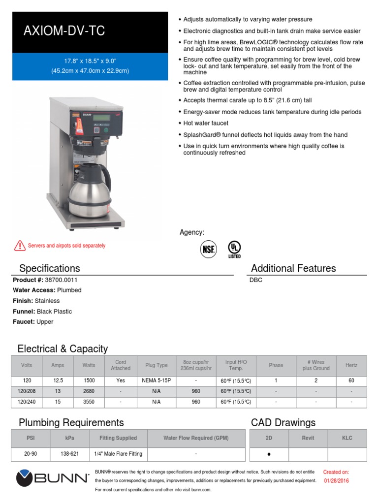 Bunn Spec Sheet 38700 0011 PDF