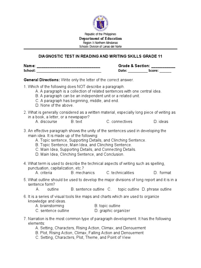 Diagnostic Test Reading and Writing PDF