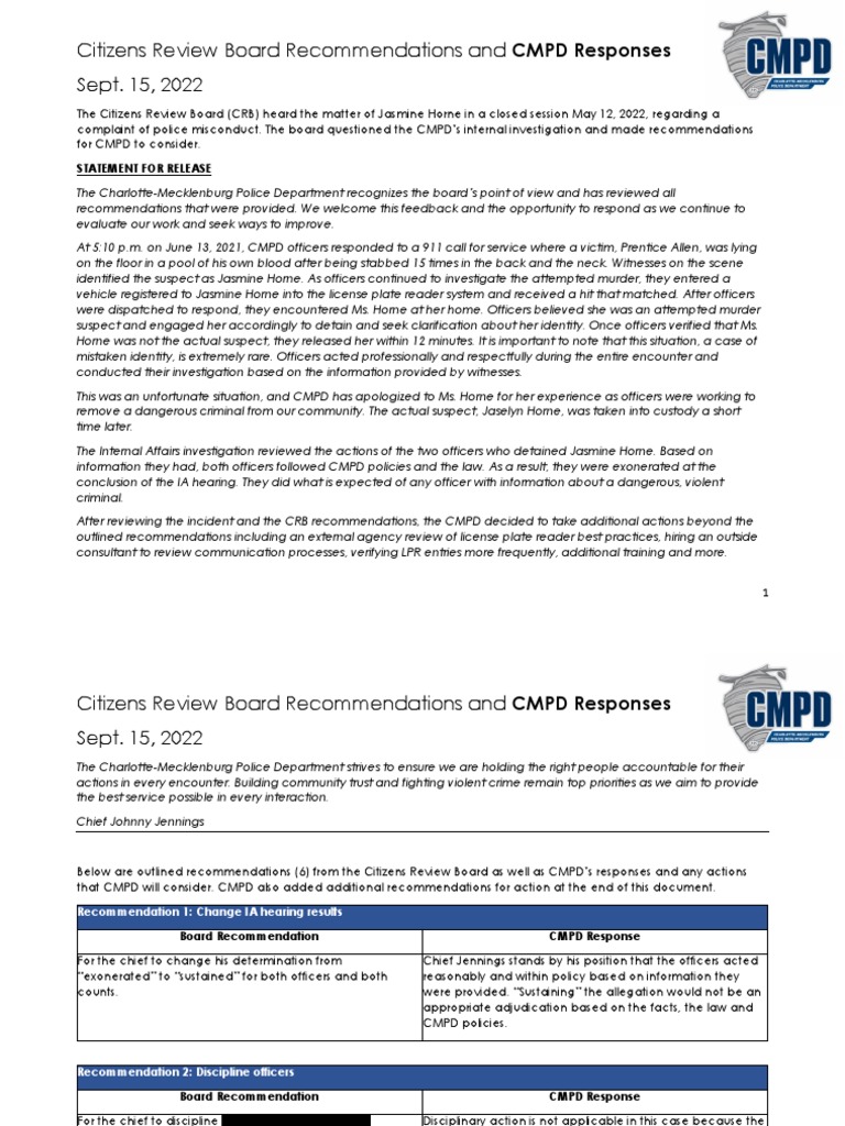 CMPD's Response to CRB's Feedback | PDF | Social Science