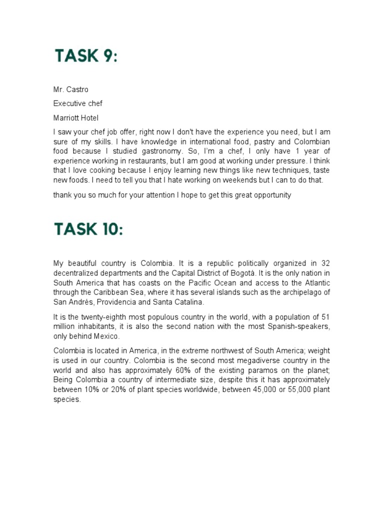 English A2 Task 9 To 12 Pdf Colombia