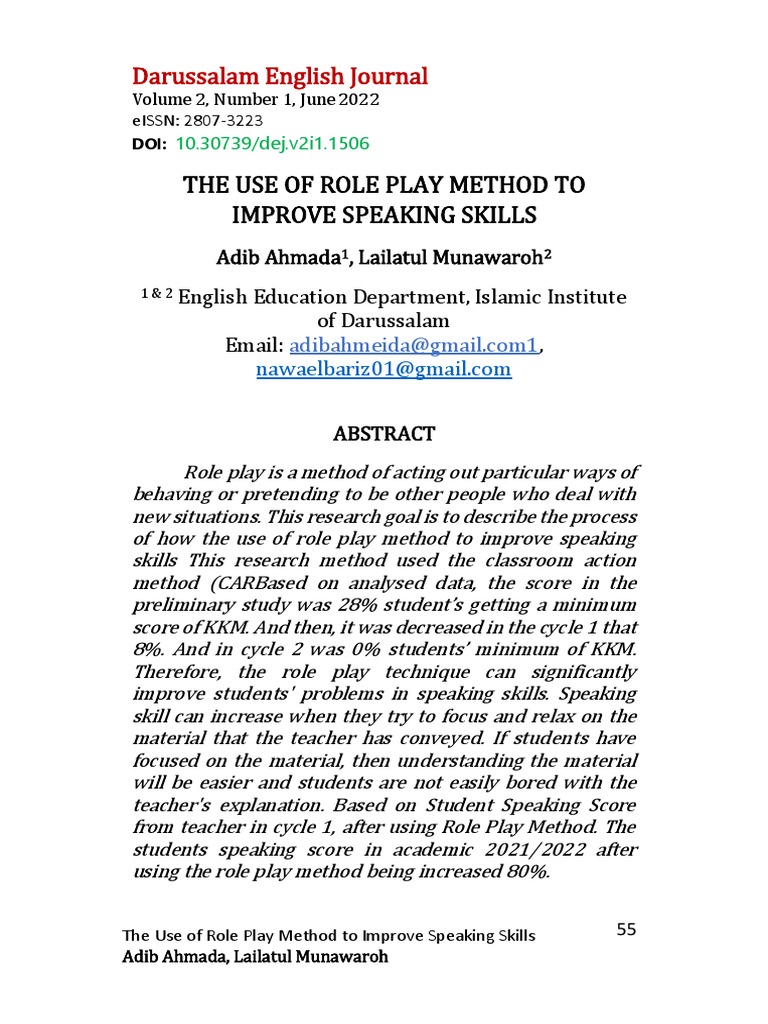 The Use of Role Play Method To Improve Speaking Skills Darussalam