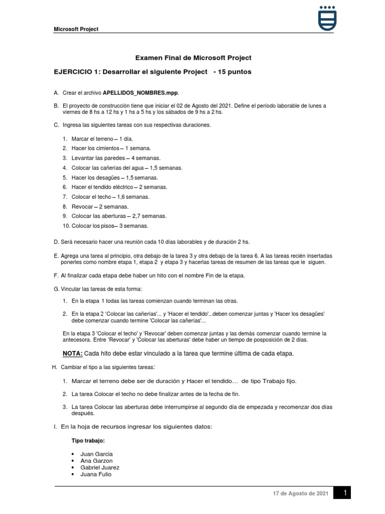 Examen Final Microsoft Project 2021 | PDF