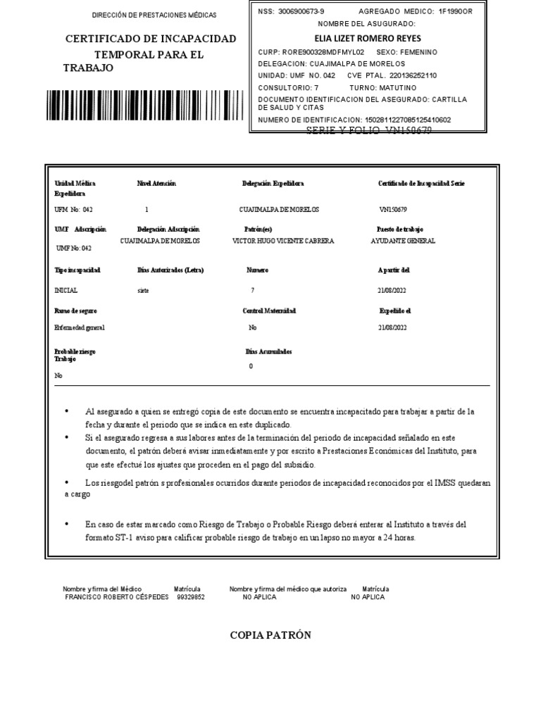 Certificado de Incapacidad Temporal IMSS | PDF | Ciencias de la Salud