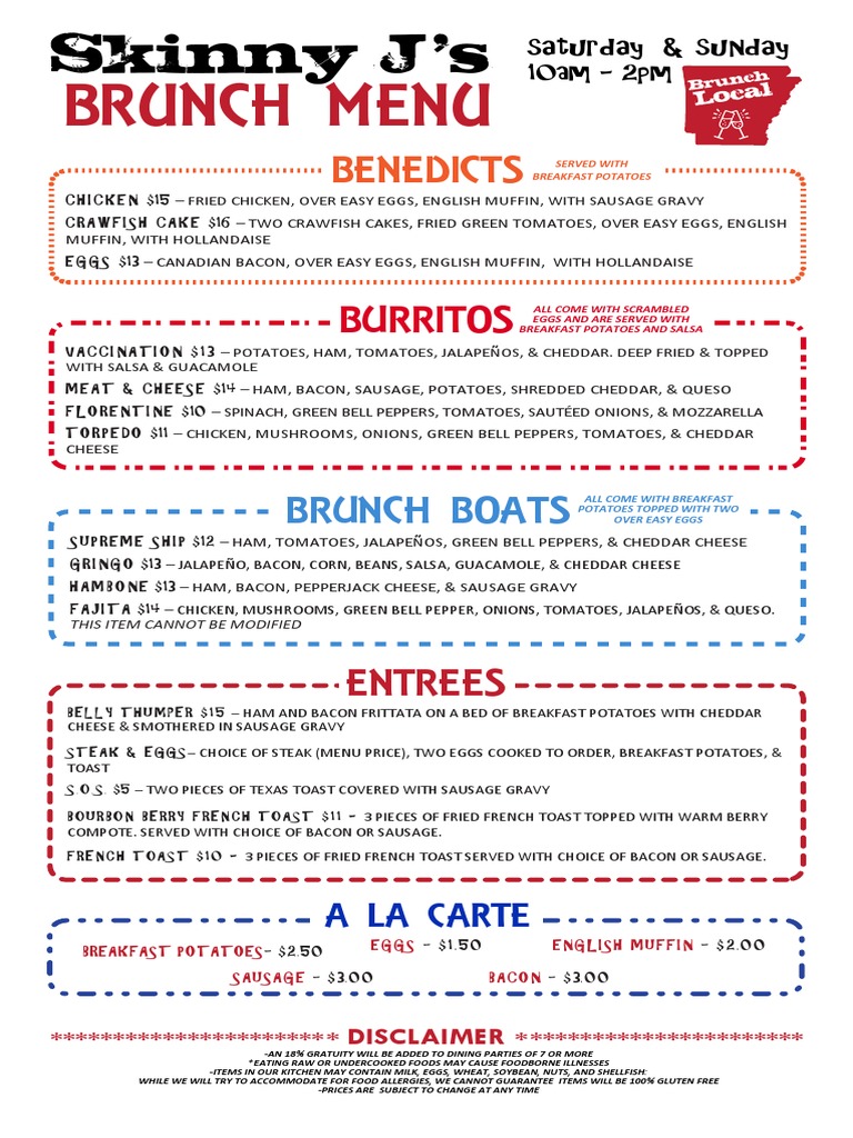 A Brunch Menu Featuring Benedicts, Burritos, Boats, Entrees, and A La