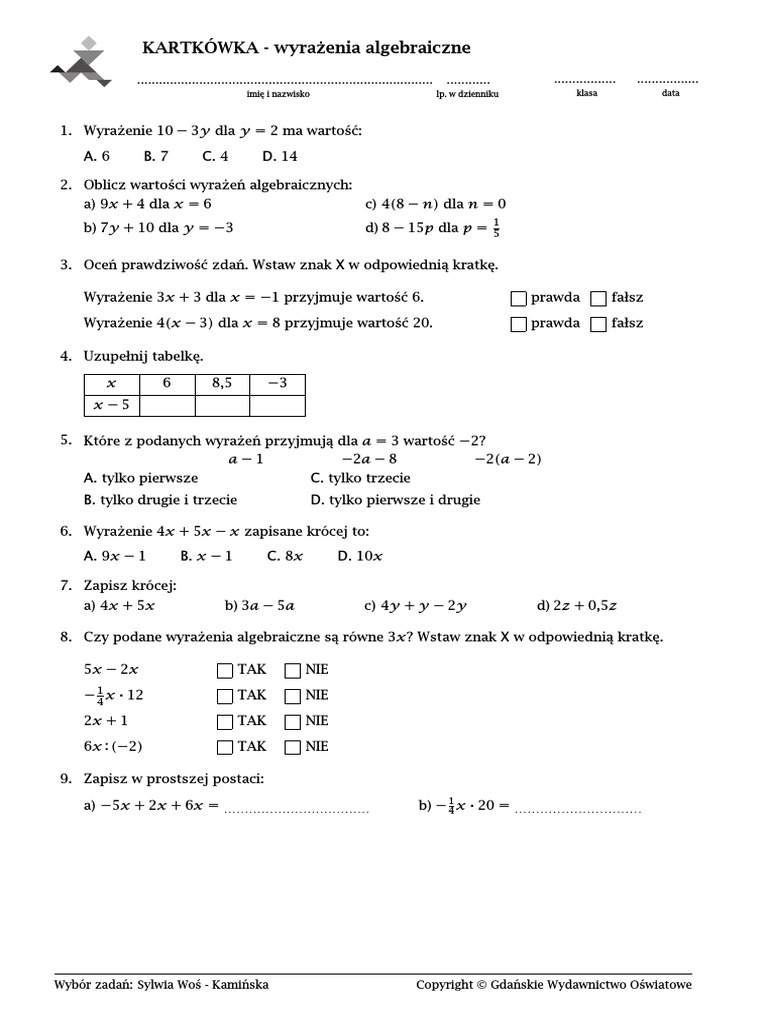 Wyrażenia Algebraiczne Klasa 1 Gimnazjum Sprawdzian kl.6d Kartkówka Wyrażenia Algebraiczne | PDF