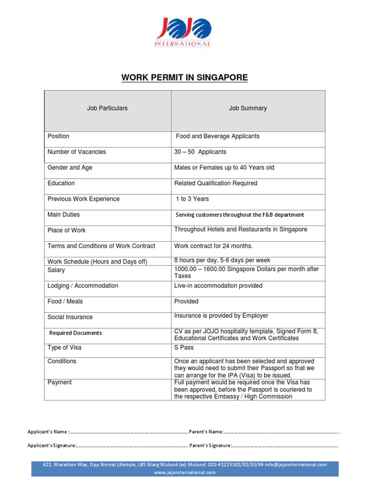 Singapore F&B Work Permit Details | PDF | Travel Visa | Passport