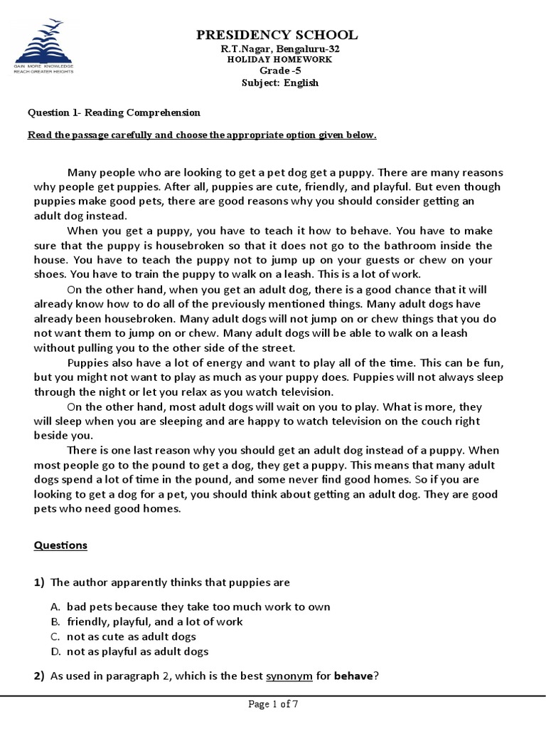 Grade 5 DUSSERA HOLIDAY HOMEWORK Worksheet 2223 | PDF | Leash | Prime