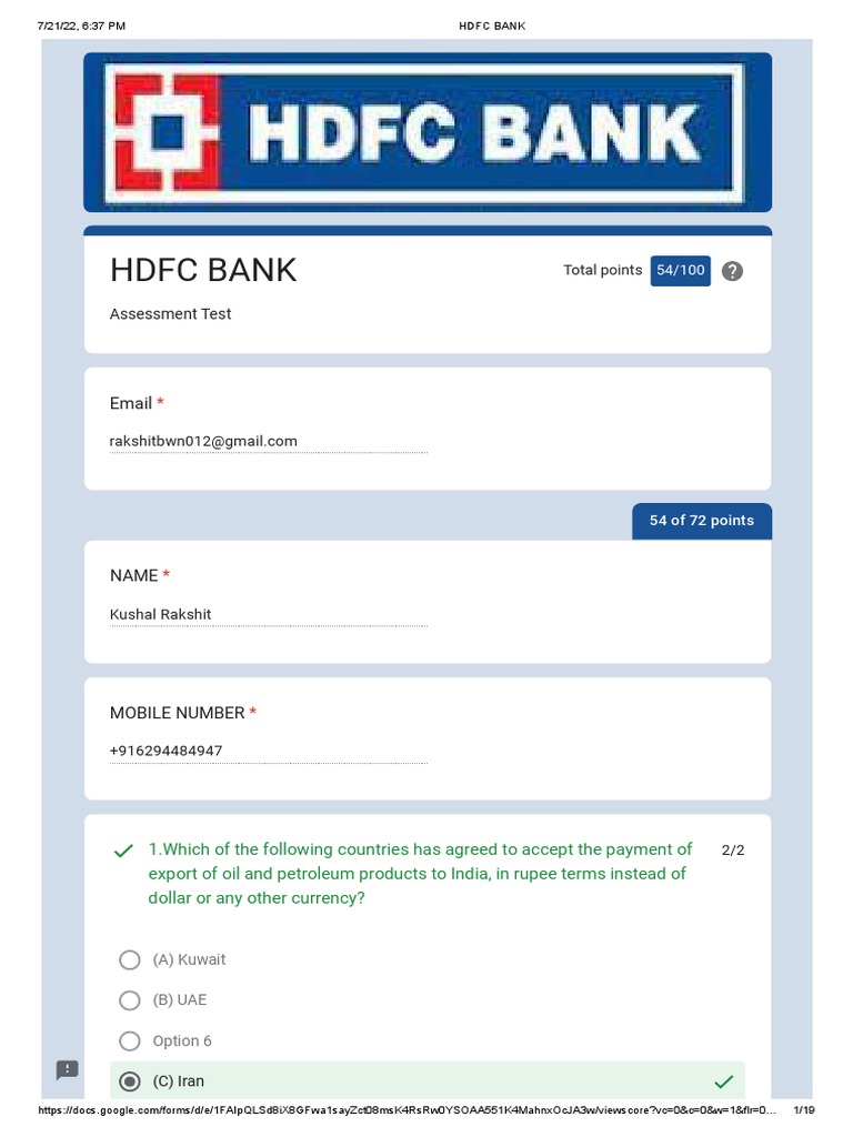 HDFC BANK Account EXAM PAPER | PDF