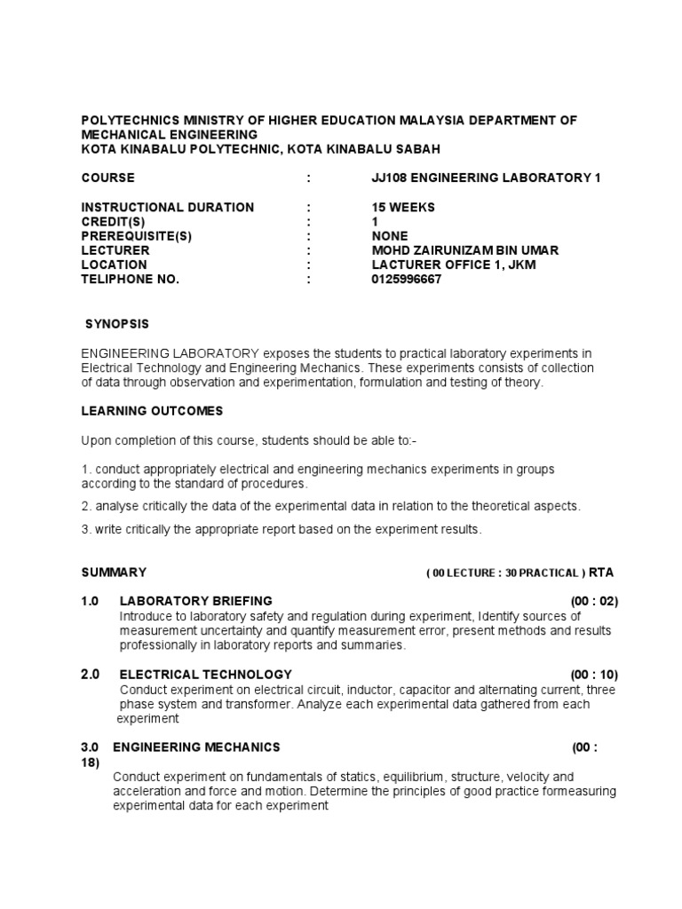 Engineering Laboratory Course Overview | PDF | Experiment | Engineering