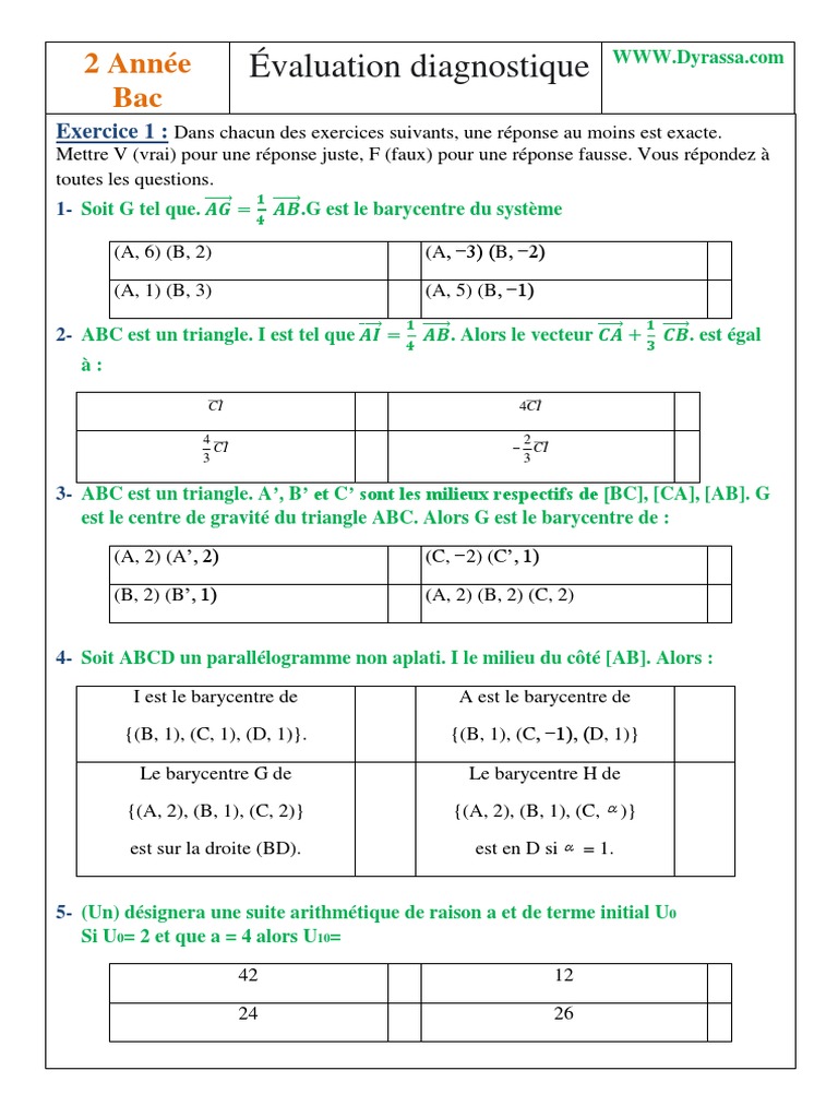 Evaluation Diagnostique Maths Deuxieme Bac Sciences PDF 5 | PDF ...