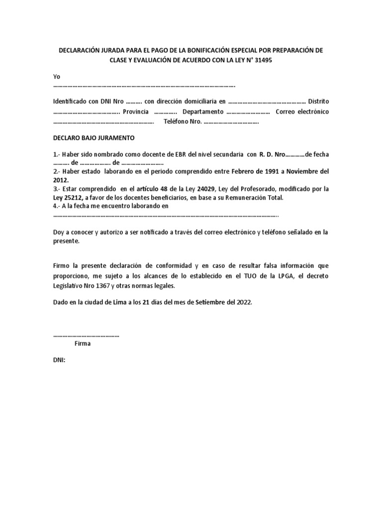 Declaración Jurada para Bonificación Docente | PDF