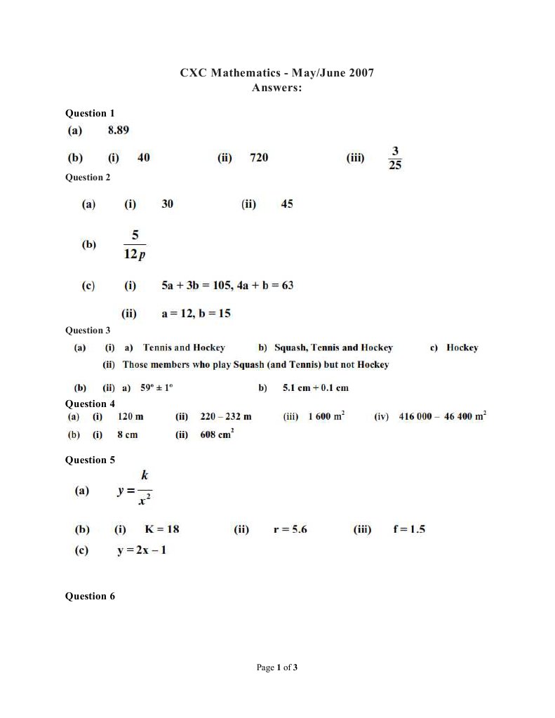 CXC Maths May 2007 Answers