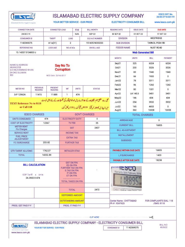 Iesco online bill pdf taxes fee