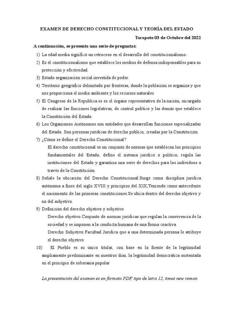 Examen de Derecho Constitucional 2022 | PDF