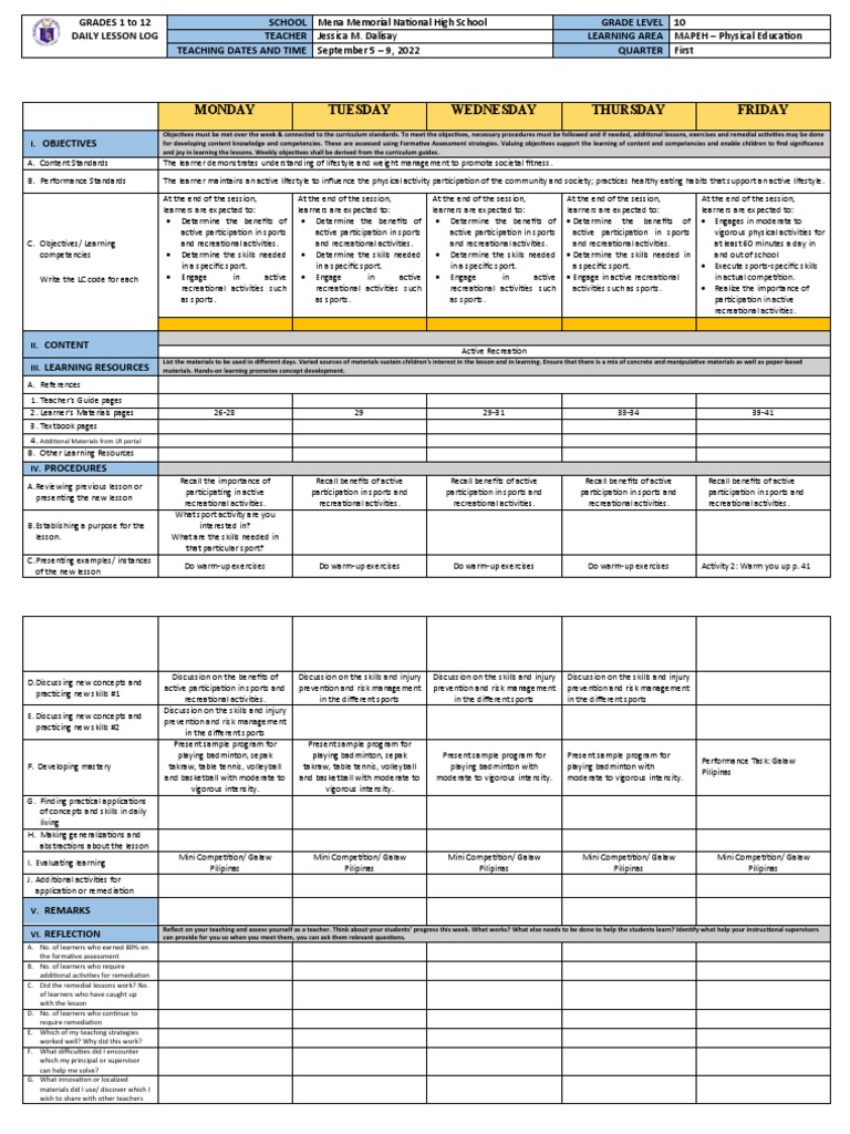 MAPEH PE Daily Lesson Log for Grade 10 | PDF | Physical Education ...