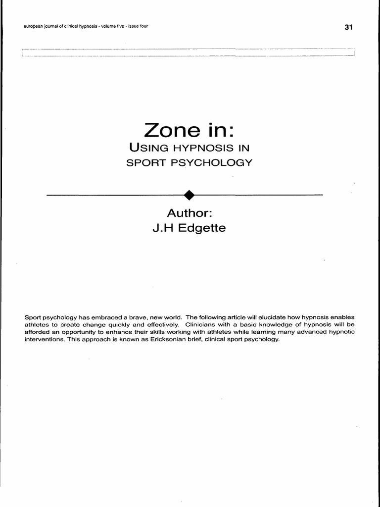 Zone inUSING HYPNOSIS IN SPORT PSYCHOLOGY PDF Hypnosis Psychotherapy