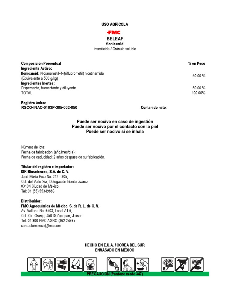 Ficha Técnica del Insecticida Beleaf | PDF | Riego | Agua