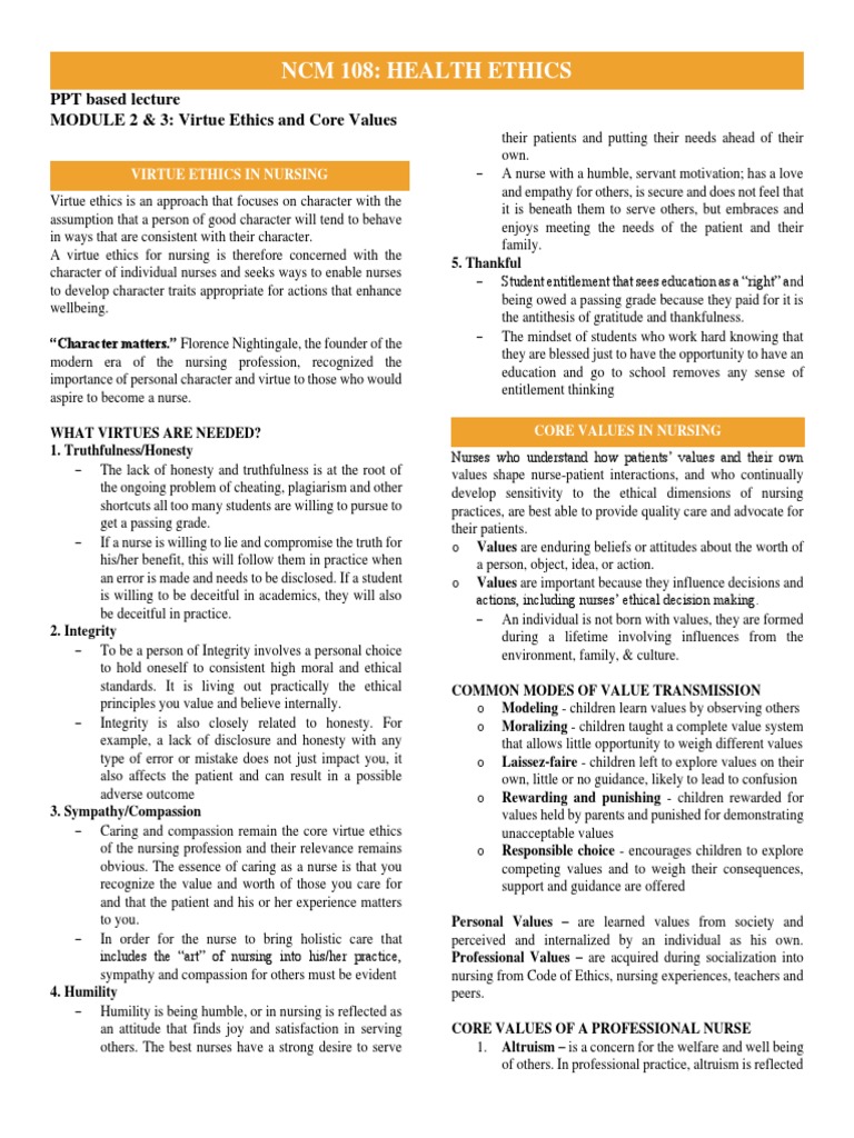 Virtue Ethics & Core Values in Nursing | PDF | Autonomy | Nursing