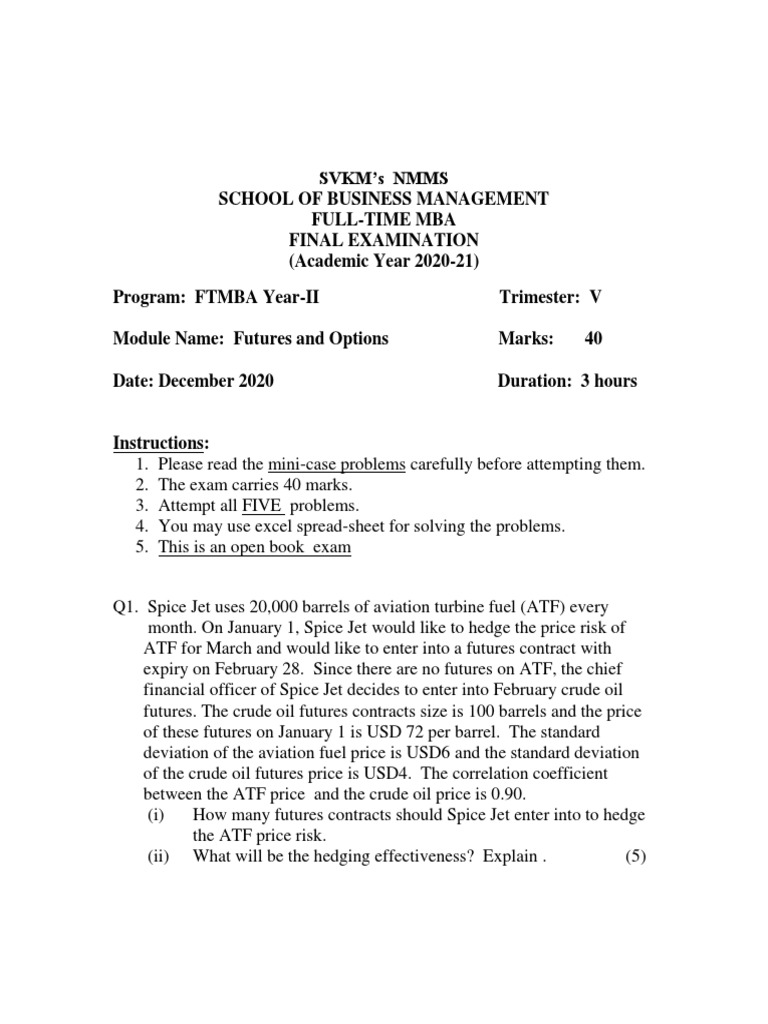 MBA Futures & Options Exam | PDF | Option (Finance) | Futures Contract