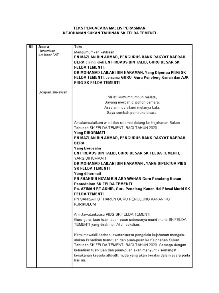 Teks Pengacara Majlis Sukan SKFT 2020 | PDF