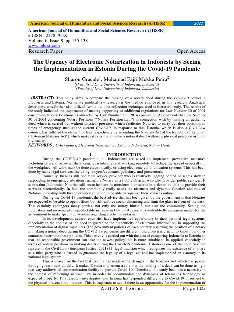 The Urgency of Electronic Notarization in Indonesia by Seeing The