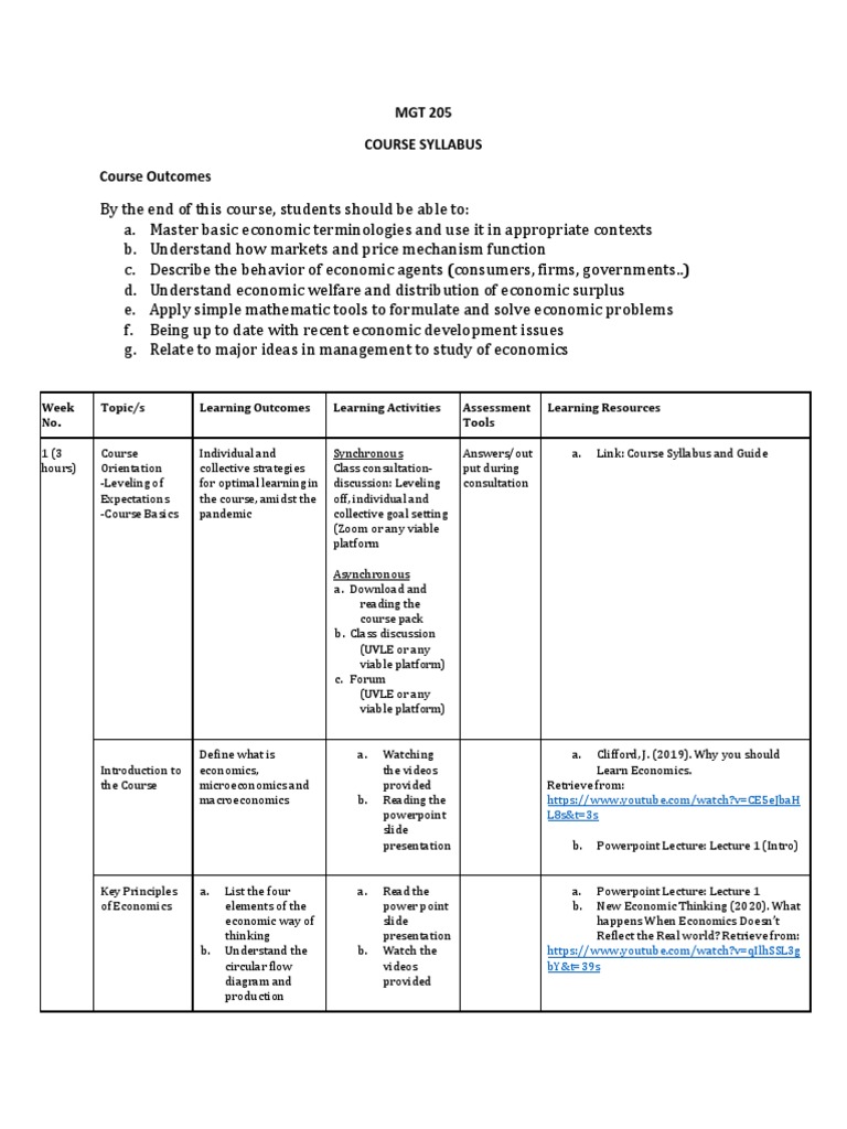 MGT 205 Horizontal Syllabus ECON PDF Elasticity (Economics