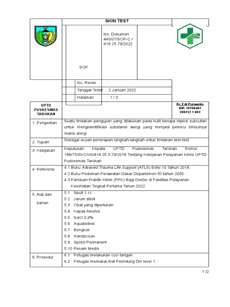 SOP Skin Test Subkutan Puskesmas Tarokan | PDF