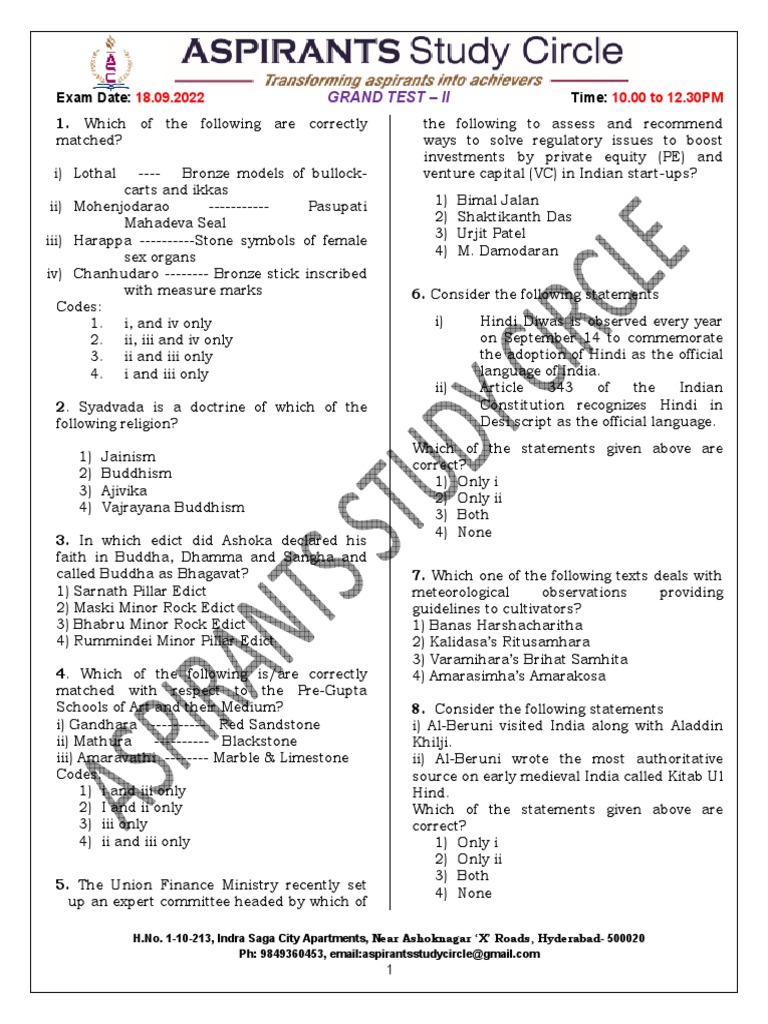 Grand Test II (18.09.2022) Question Paper1 Download Free PDF Ashoka