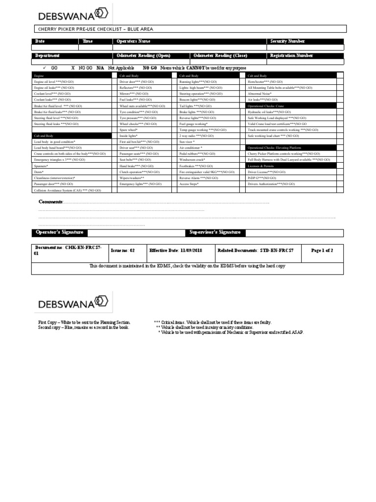 Cherry Picker Pre-Use Checklist PDF | PDF | Truck | Brake