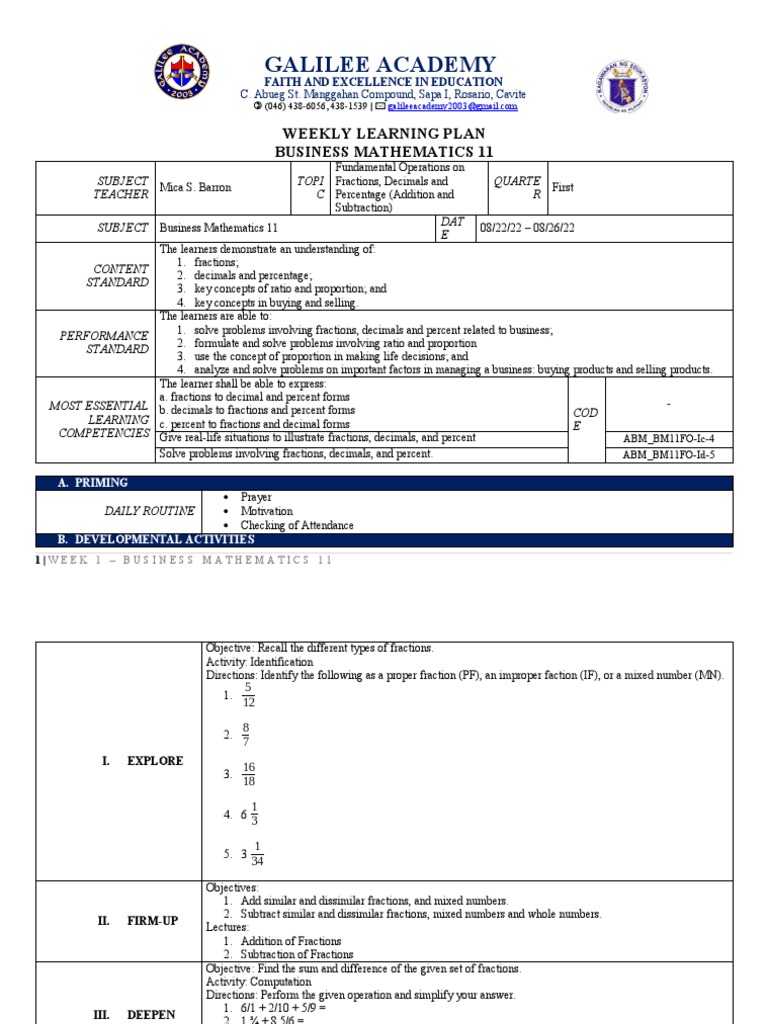Business Math 11 Weekly Plan | PDF | Percentage | Mathematics
